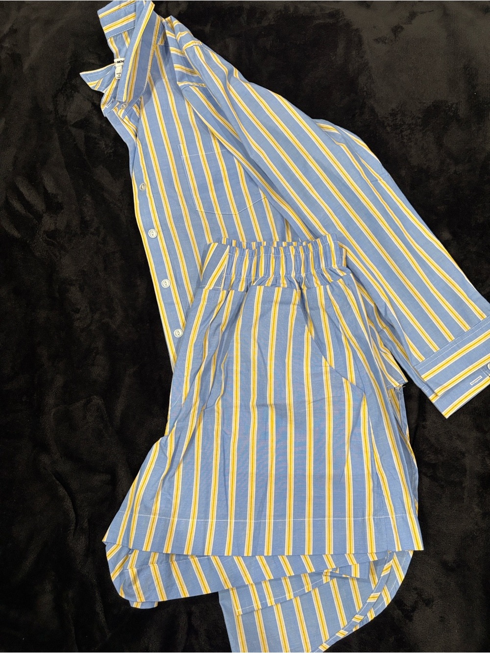 Fashion Nova Blue and Yellow Striped Shorts Set